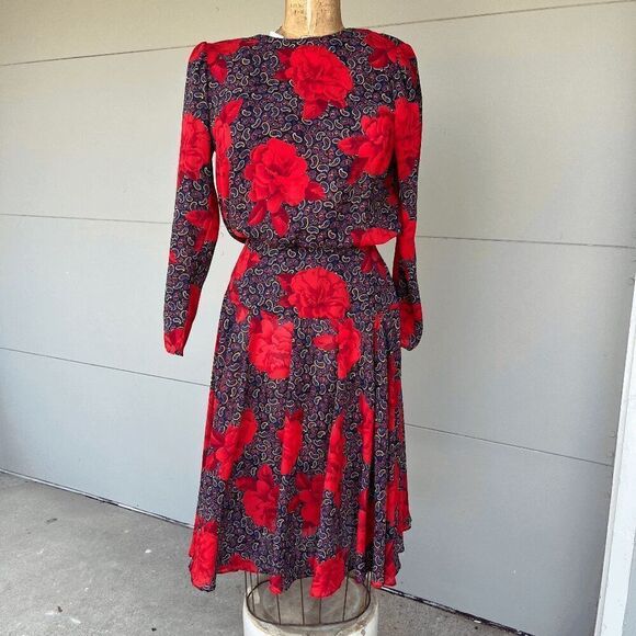 Vintage 1980s Funky, Fit and Flare, Bold Paisley Rose Print Maximalist Midi Dres - Picture 7 of 8